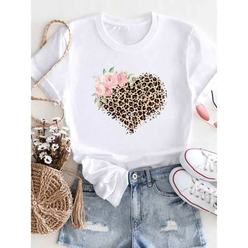 Women's Spring/summer Color Leopard Print Love Letter Base Shirt Women's Casual T-shirt Harajuku  Aesthetic  Graphic T Shirts