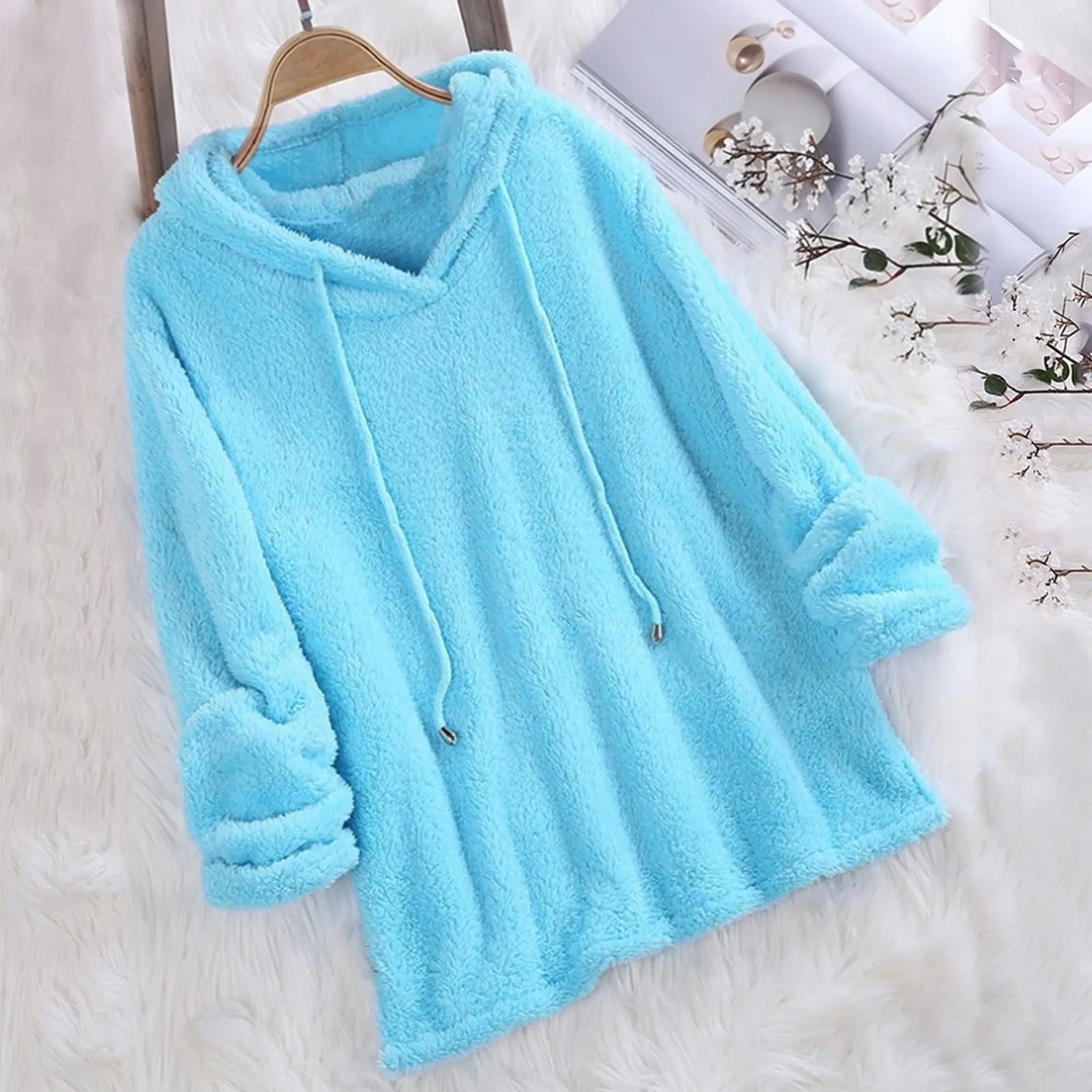 Women's Casual Hoodies Solid Color Plush Comfotable Hooded Long Sleeve Sweatshirts Loose Simplicity Double-sided Plush Tops