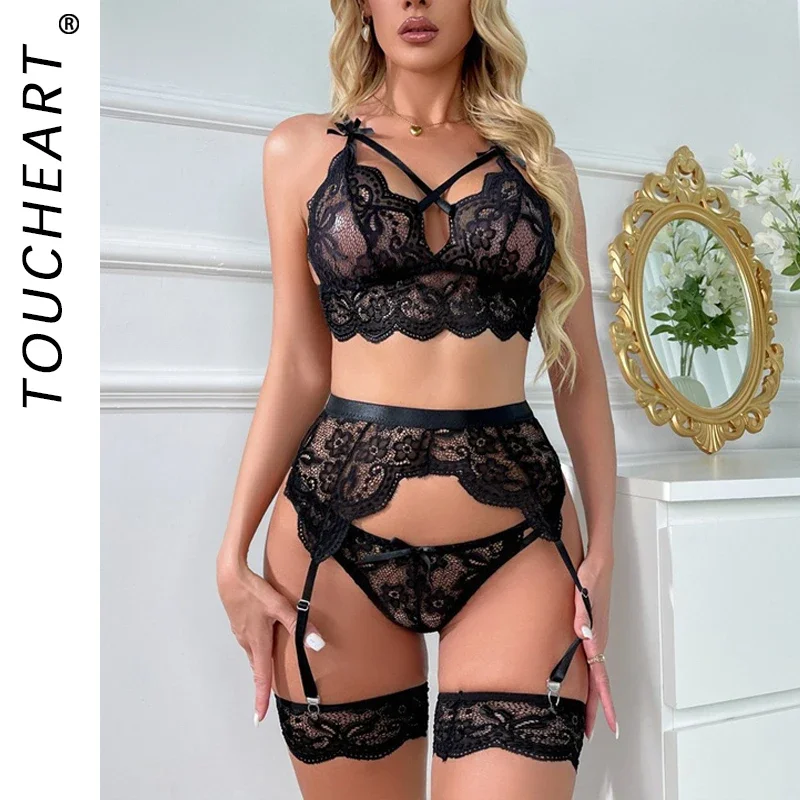 Toucheart-Conjunto de ropa interior de encaje para mujer, conjunto de sujetador transparente calado de malla de Color sólido, ligas sexys, ropa interior interesante