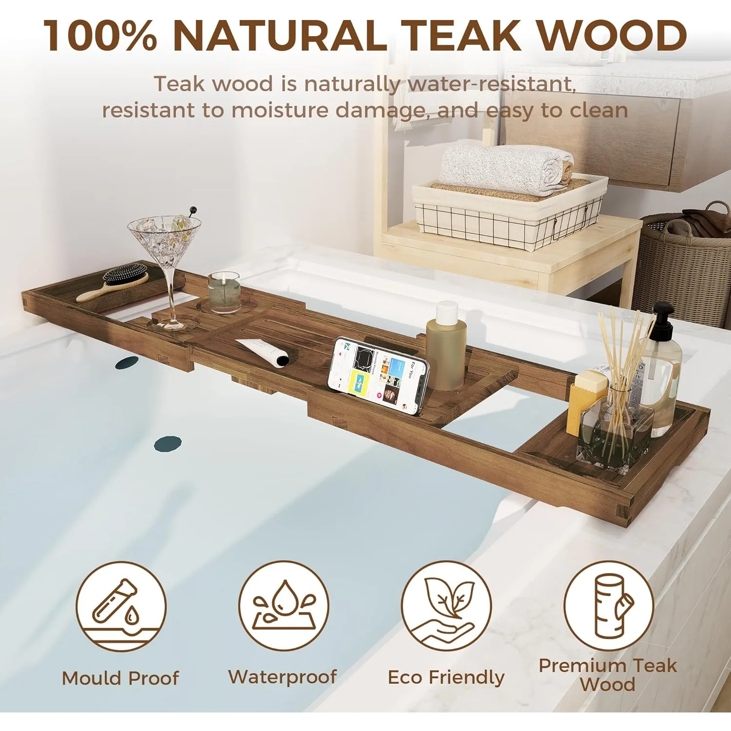 Поднос для ванны из темного ореха |   Дизайн регулируемой книжной полки |   Бокал для вина и слот для телефона |   Релаксация Essential