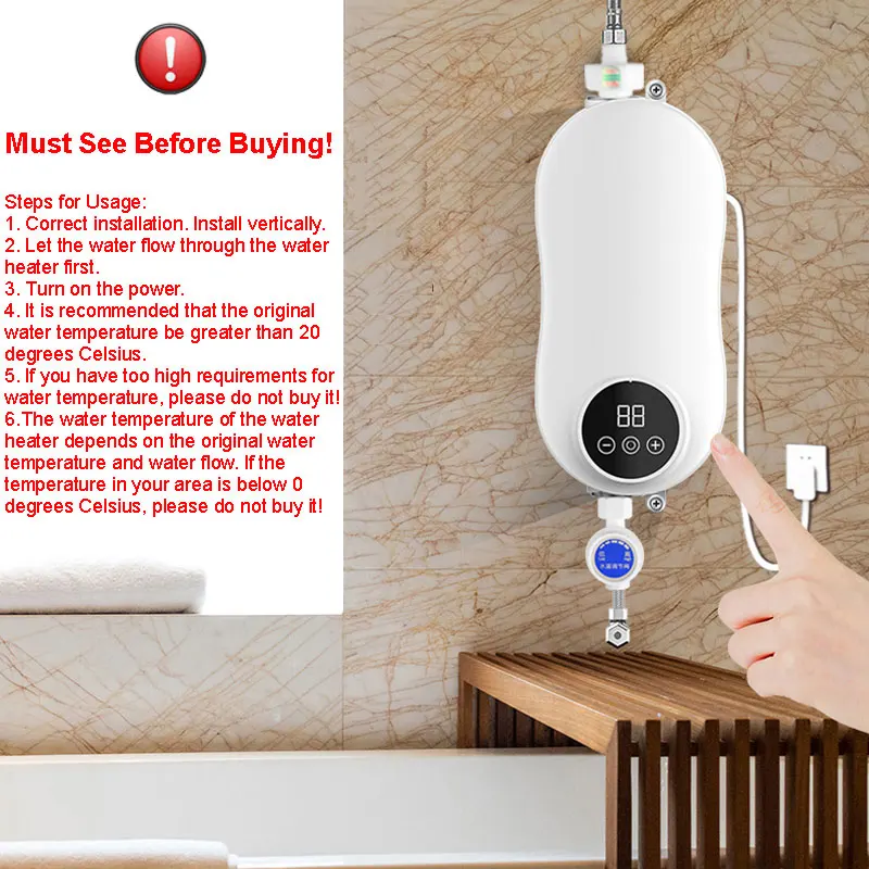 4500W Electric Water Heater Mini Tankless Instantaneous Water Heater Kitchen Bathroom Shower Hot Water Fast Heating EU Plug 220V