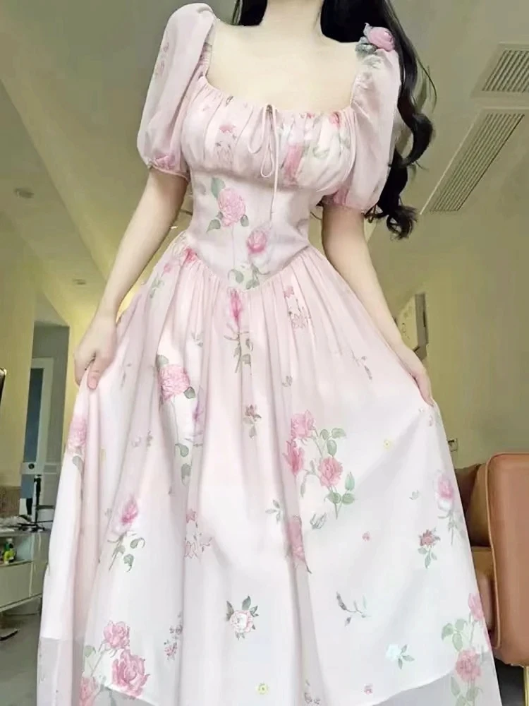 Corea stampa floreale abito rosa donna elegante colletto quadrato manica a sbuffo vacanza abiti Midi anche vestito da festa spiaggia coreano Vestido