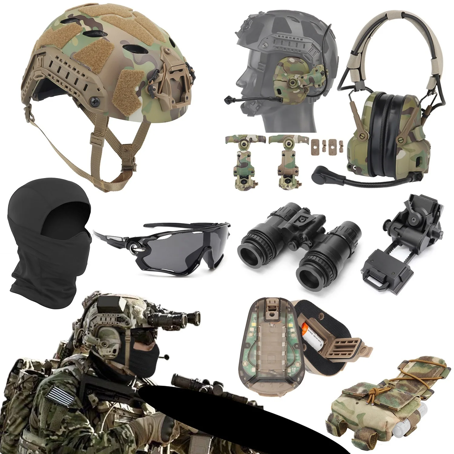 Airsoft FAST Helmet Set with Tactical Headset L4G24 NVG Model Mount Multicam Helmet Cover Multifunction Helmet IR Strobe Light