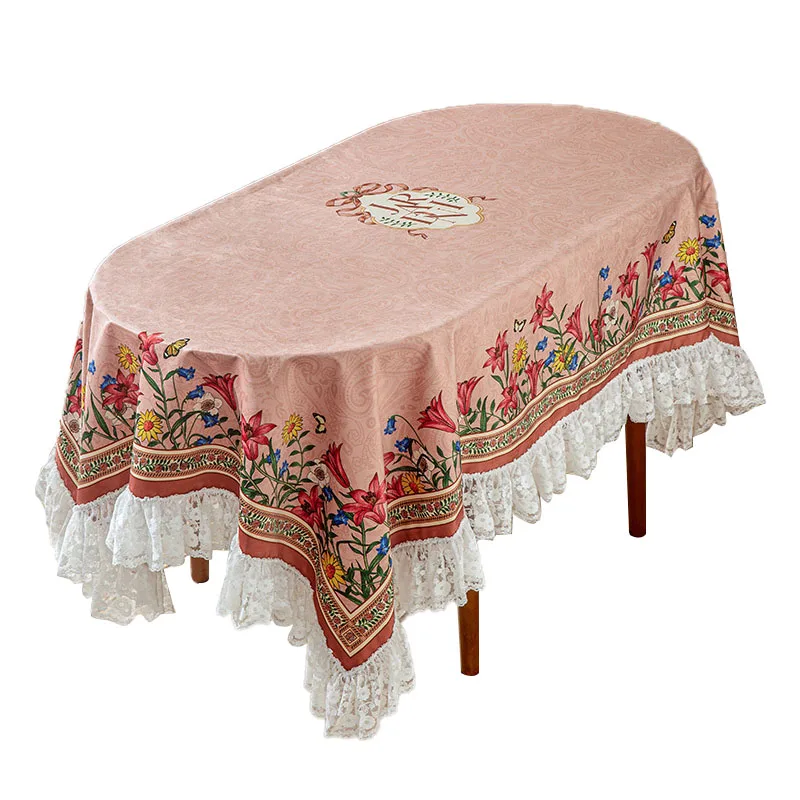 New French Country Style Short Plush Lace Table Cloth Luxury Pink Table Decoration and Accessories Romantic Pattern Restaurant