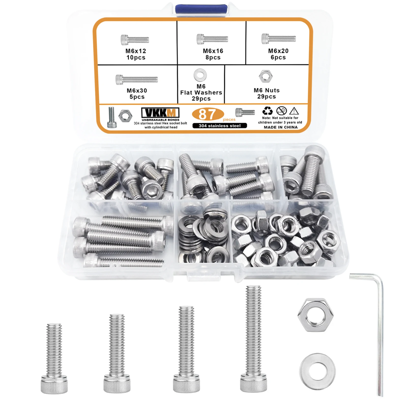 Cylindrical Head Hexagonal Head Bolts, M6 Metric Stainless Steel Hexagonal Head Screws, Nut And Washer Combination Set-87 Pieces