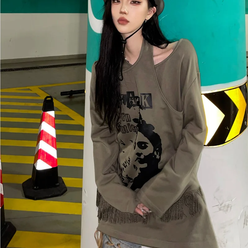 KOSAHIKI Aesthetic Sweatshirt Women Crewneck Long Sleeve Vintage 90s Sweat Femme Cartoon Print Girl Pullover Tops