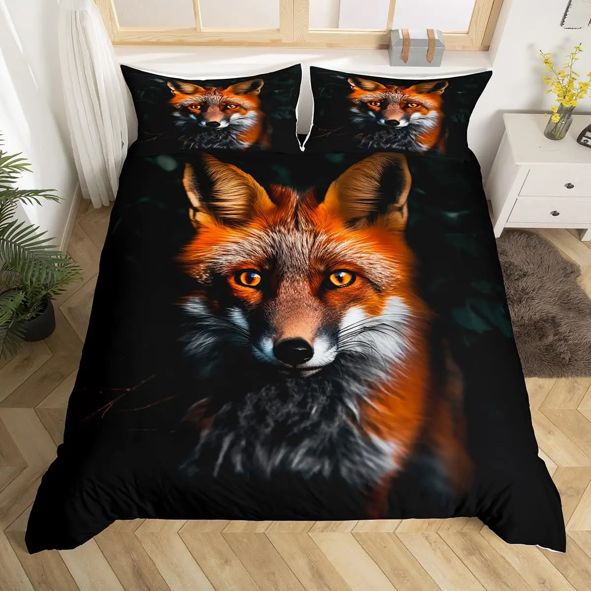 Fox Print Duvet Cover King Queen Cute Animal Bedding Set Woodland Fox Comforter Cover Polyester Quilt Cover with 2 Pillow Case