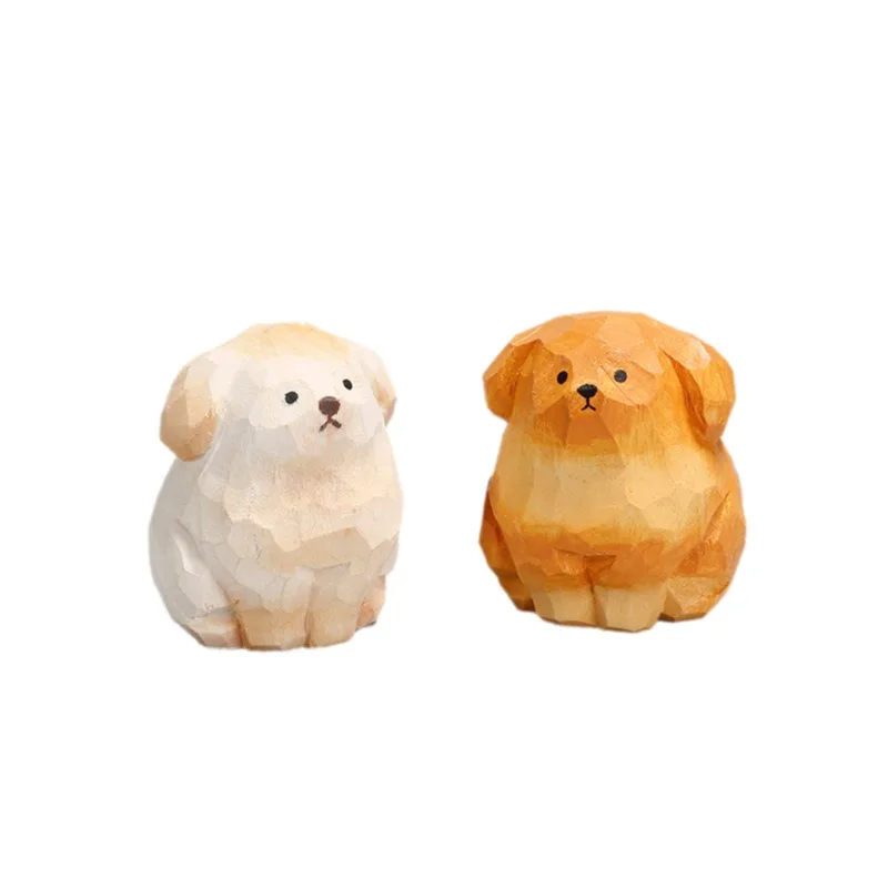 1 PC Hand Carved Wooden Golden Retriever Desk Ornament Solid Basswood Dog Figurines Cute Cartoon Healing Home Decoration Gift