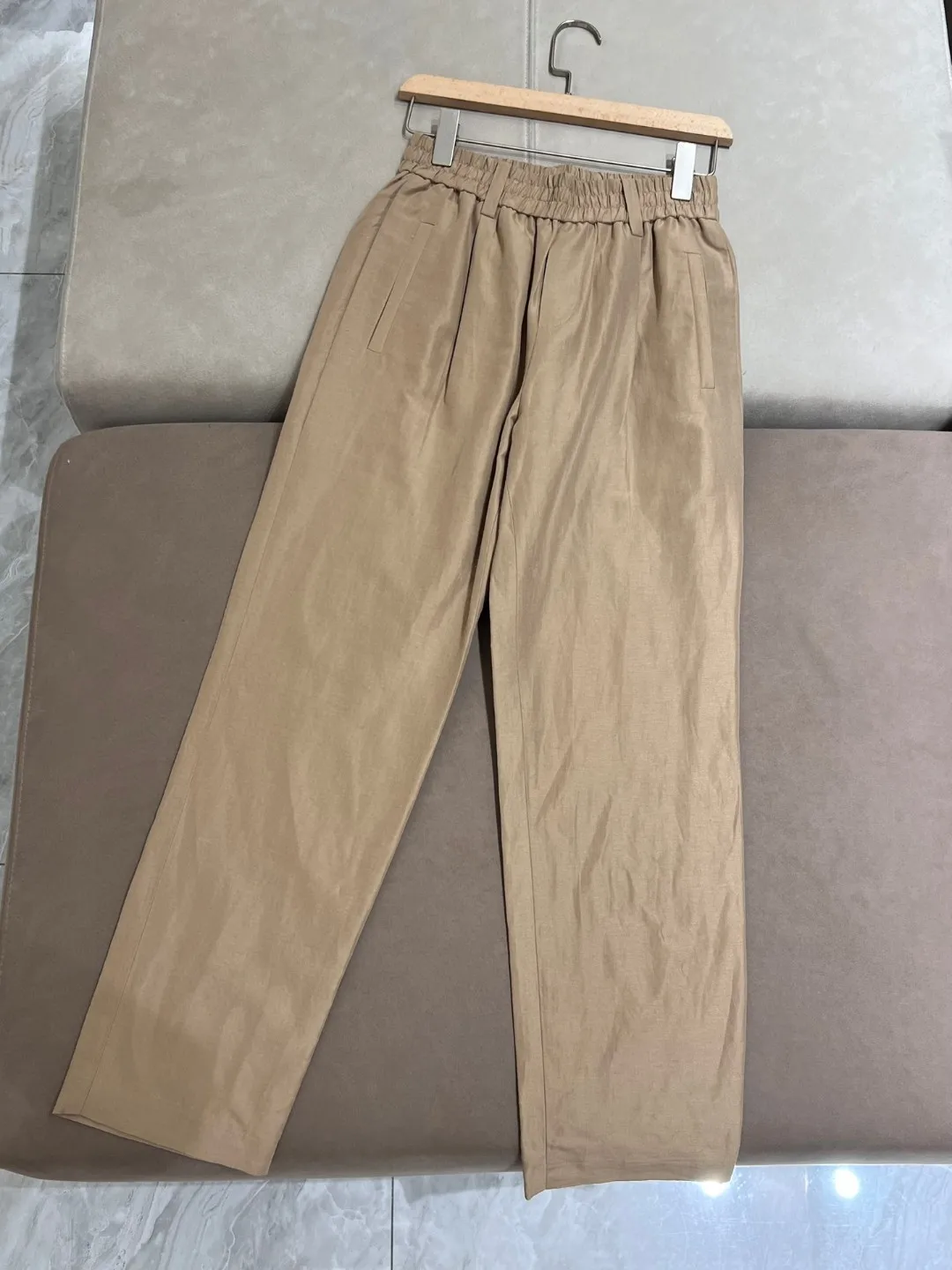 Summer solid color elastic waist thin pencil trousers