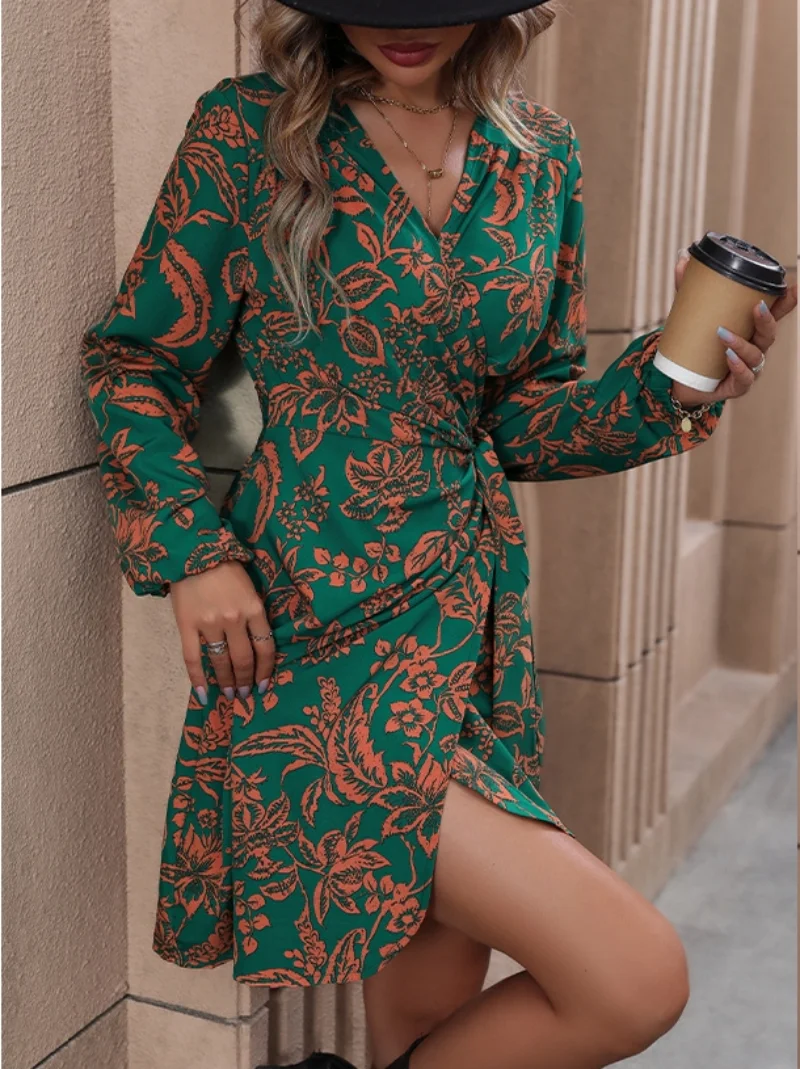 2024 New Spring and Autumn Women\'s Dresses fashion Casual Print One-piece Lace-up Long Sleeve Dress