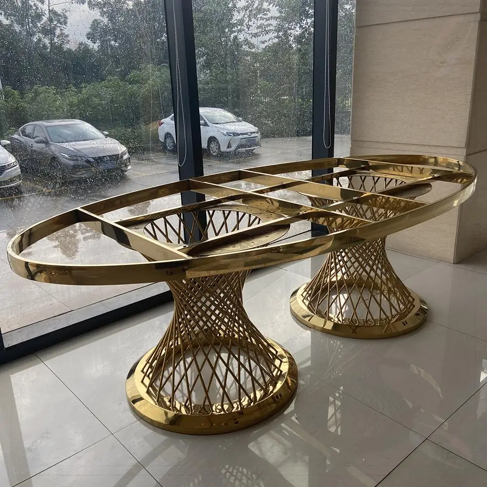 

New Wedding Events Oval Stainless Steel Frame Table Glass Top Banquet Dining Tables