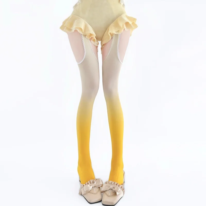 Ladies Trendy Lolita Velvet Dip Dye Pantyhose Y2K Subculture Crotchless Gradient Color Soft Stretch Fashion Base Hosiery