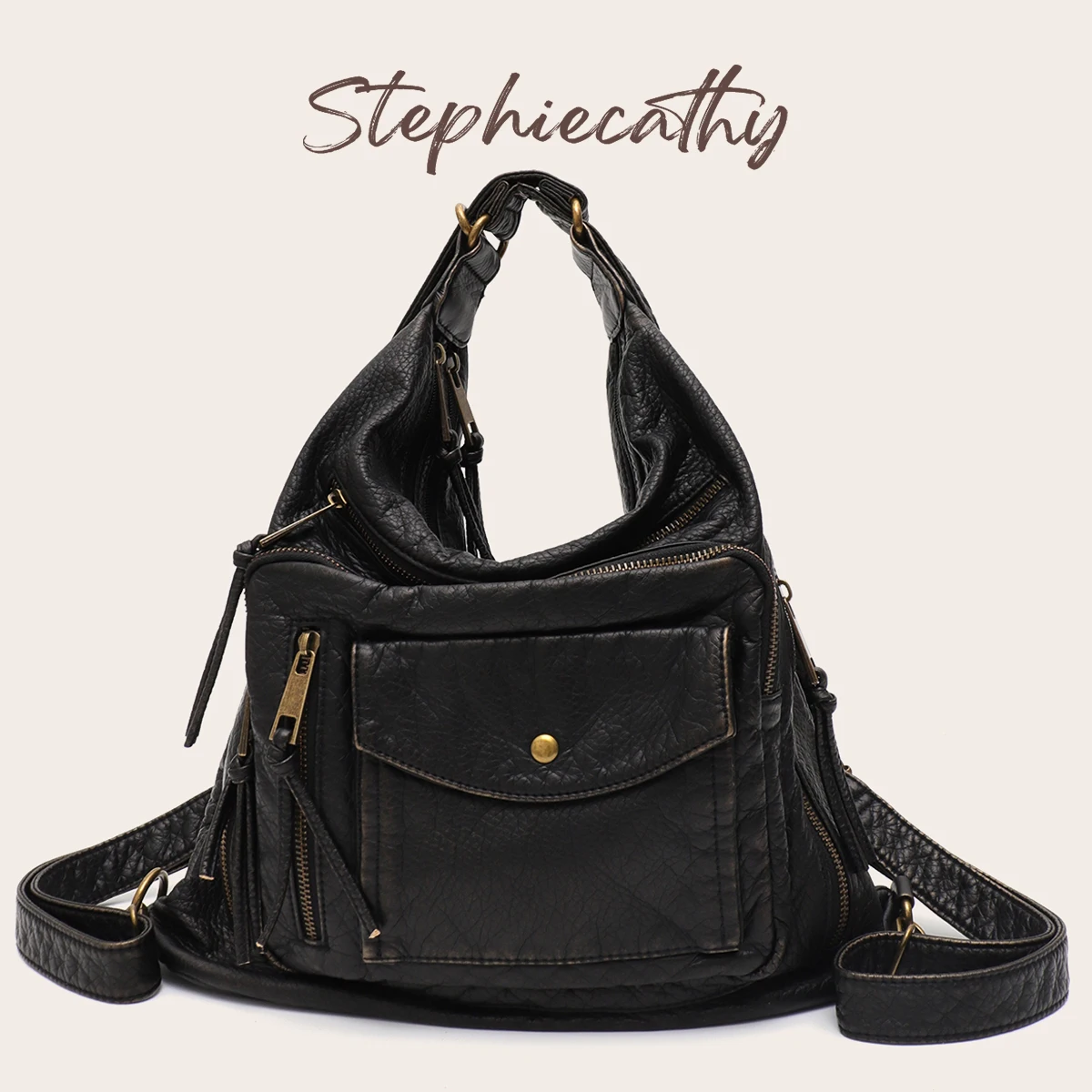 CR Casual Cool Street Style Washed PU Vegan Leather Backpack Zipper Closure Multi Functional Pockets Large Capacity For  Daily