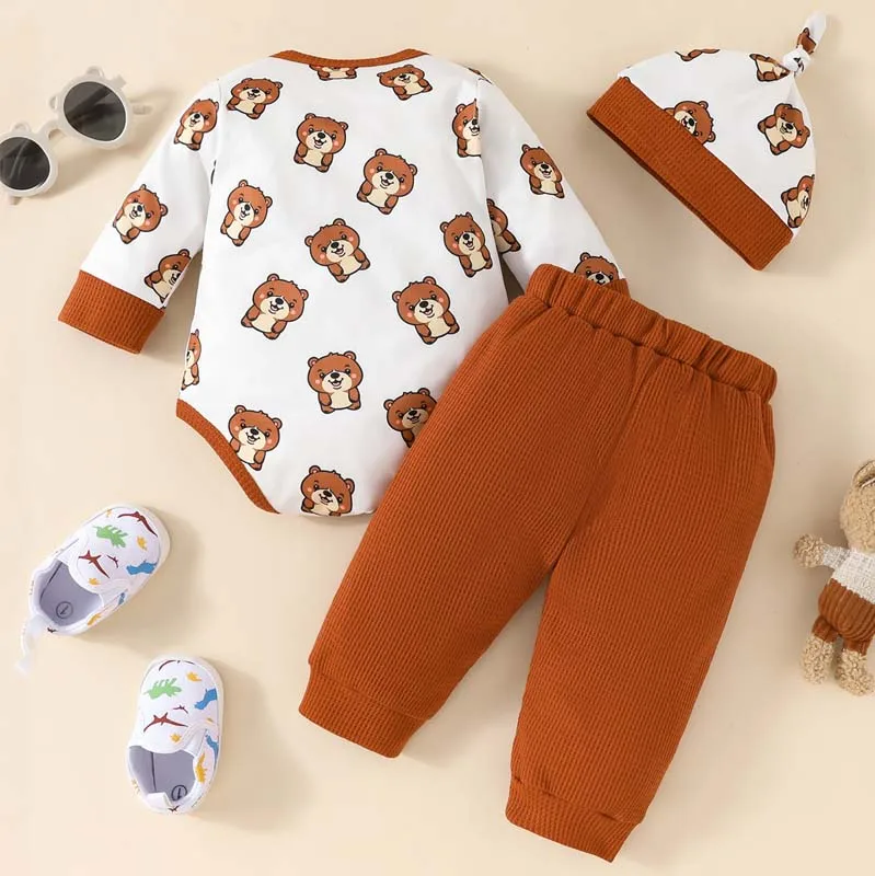 Autumn Newborn Infant Baby Boys Set 3-Piece Set Cute Bear Long Sleeve Bodysuit Waffle Trousers Hat Baby Clothes 0 To 18 Months