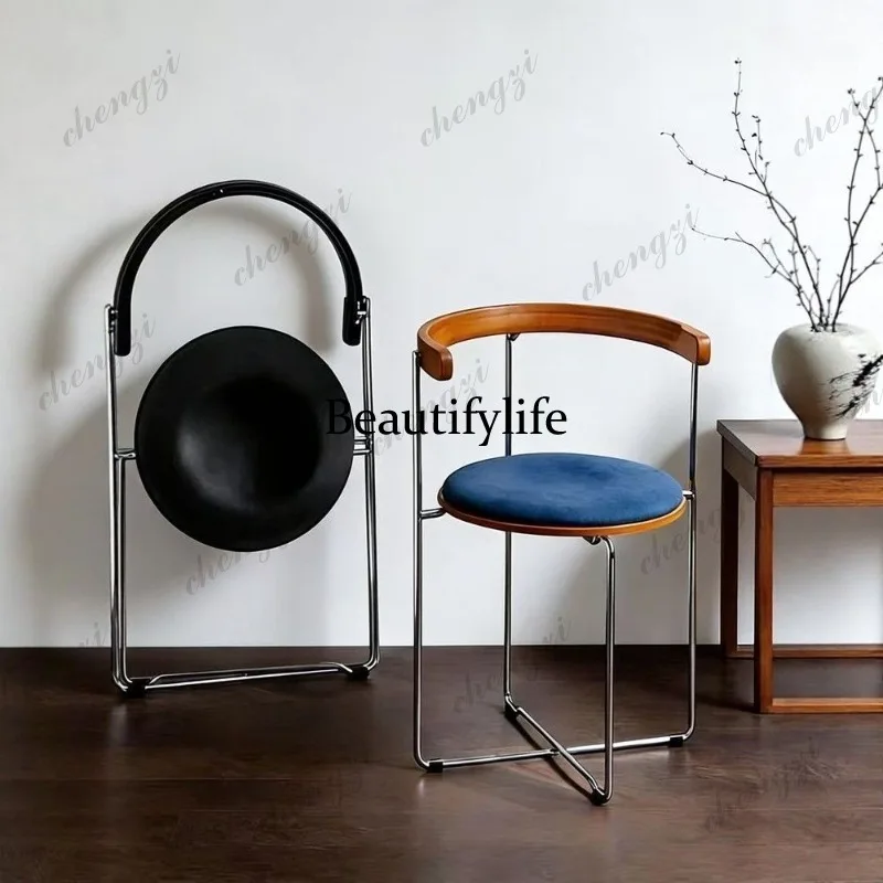 

Retro folding medieval home solid wood simple modern dining chair casual backrest makeup chair