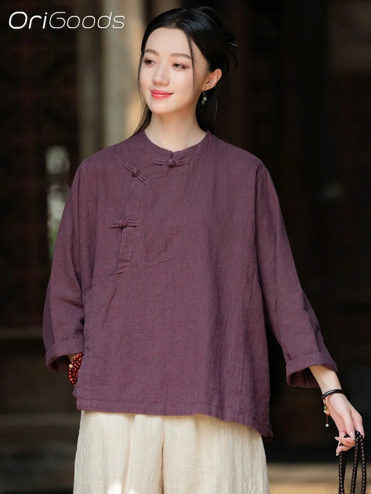 OriGoods Oversized Ramie Shirt Women 2024 New Autumn Long Sleeve Coat Shirt Zen Style Top Loose Chinese Traditional Clothes C078