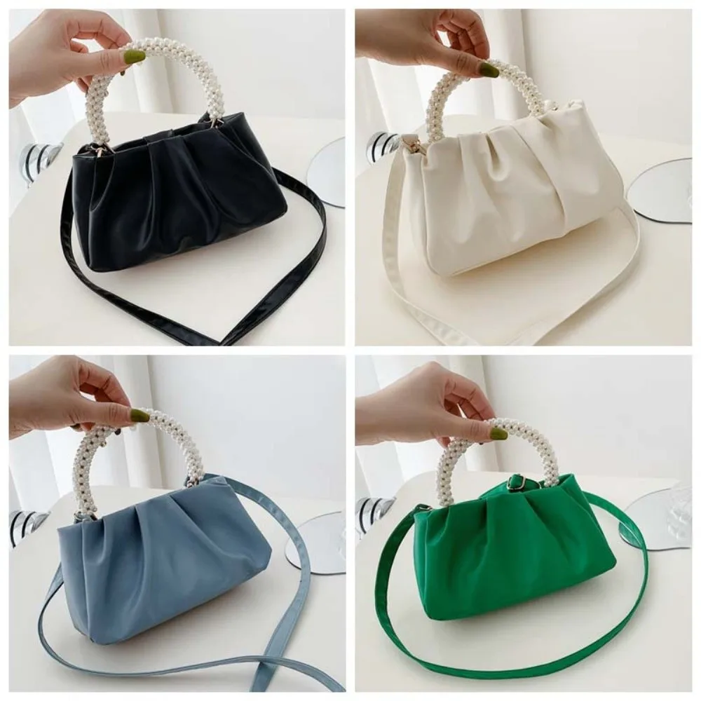 

Dumpling Bag Korean PU Cloud Bag PU Leather Imitation Pearl Women Shoulder Bag Portable Wrinkled Crossbody Bag Outdoor