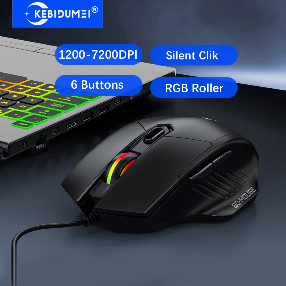 KEBIDUMEI 6 Buttons USB Wired Mouse 6 Levels up to 7200DPI Mouse Ergonomic Gaming Mouse Plug and Play For Laptop Windows MacOS