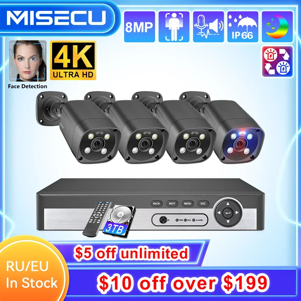 MISECU 8CH 8MP POE biztonsági Rendszer kültéri arcát Kinyomoz smare 4K red-blue riasztó H.265 CCTV Rekord Őrzés védelem készlet P2P