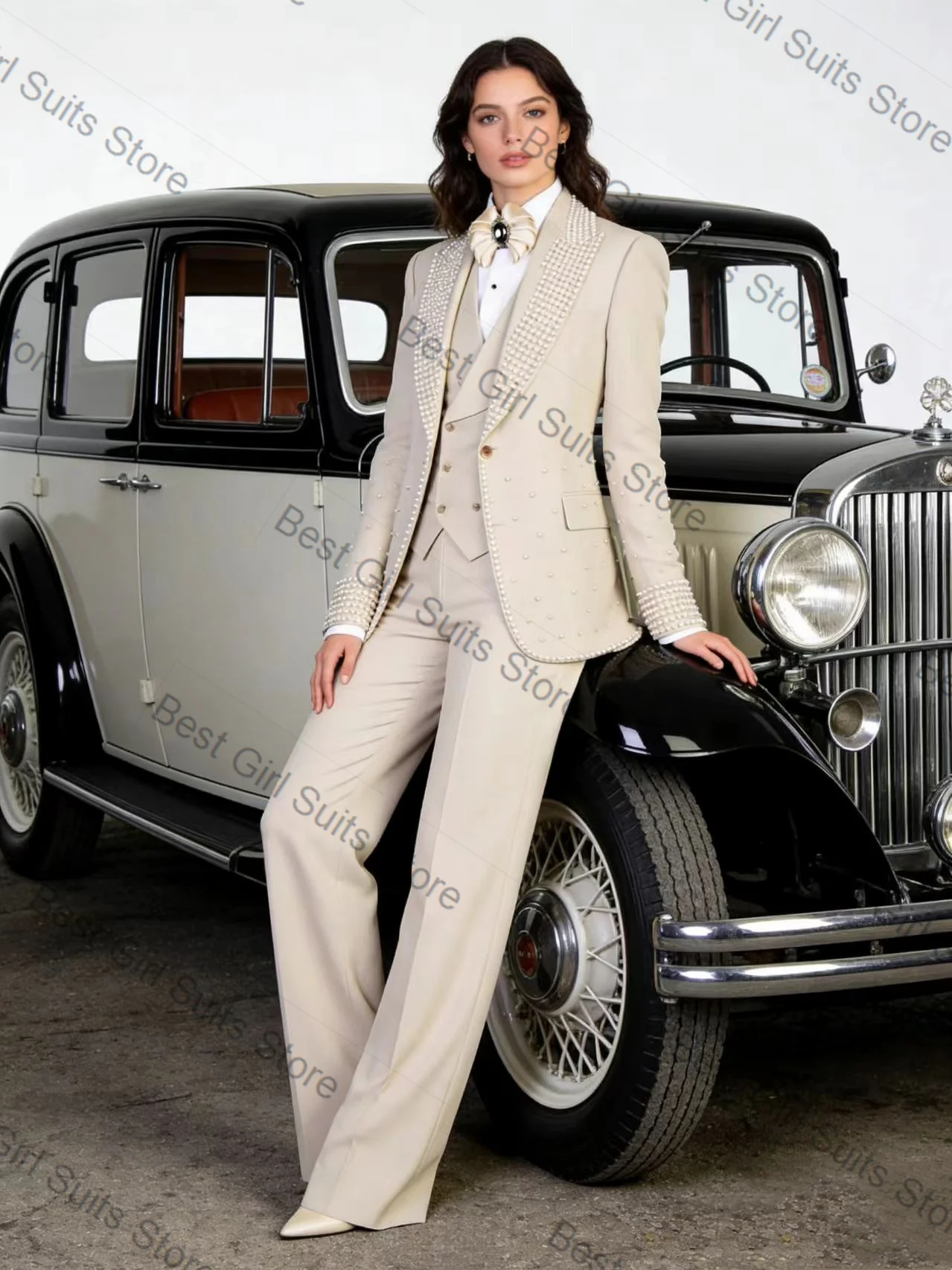 

Beige Women Suit Set 3 Piece Blazer+Vest+Pants Crystals Stone Formal Office Lady Jacket Customized Wedding Coat