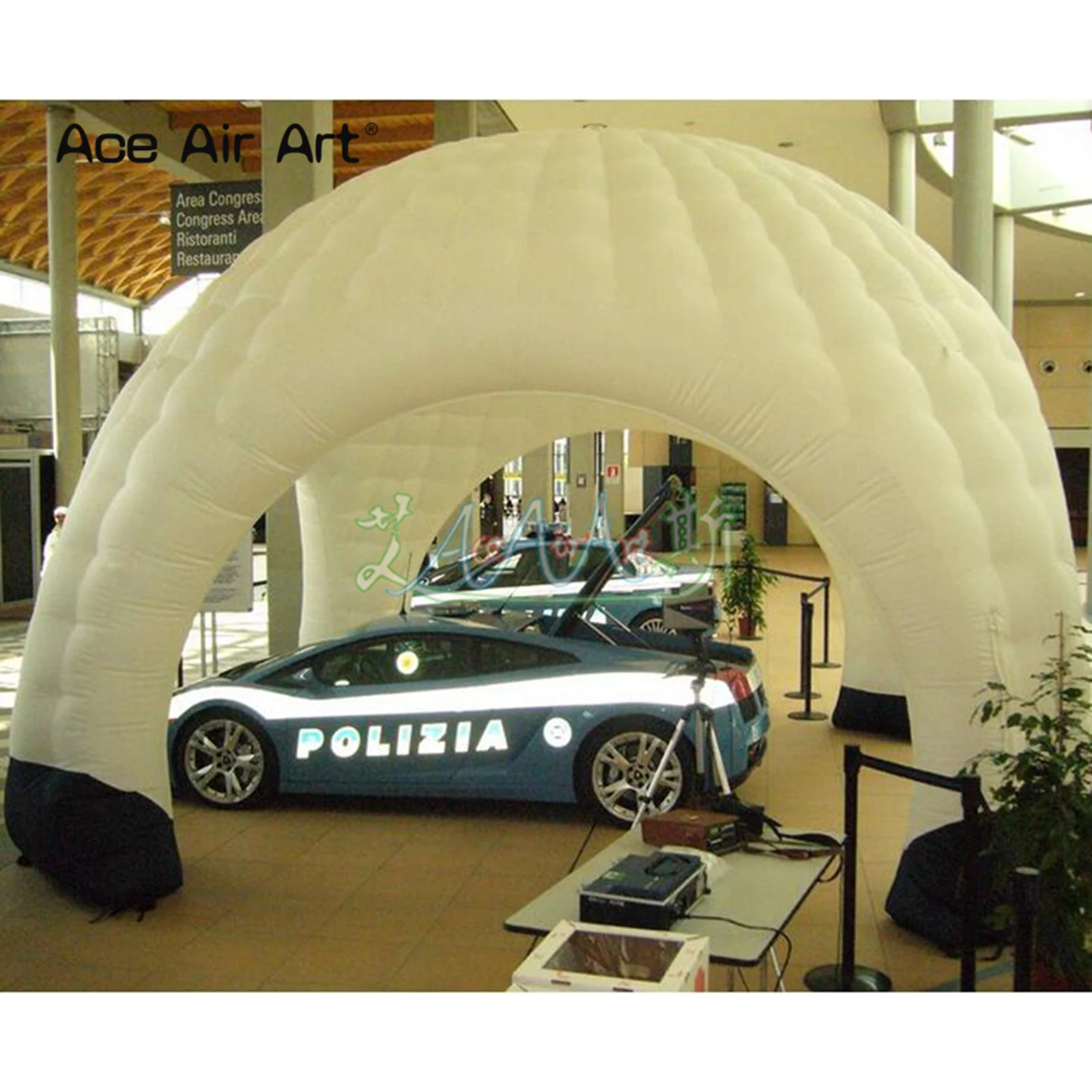 Gigantische 9 m witte iglo opblaasbare koepelstent zonder deuren autoluifel pop-up spin-/balken tent met 4 balken voor evenementenshows