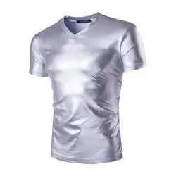 #4119 Summer Black Silver Gold Short Sleeve T Shirt Women V-neck Streetwear Tshirt V-neck Bright Surface Men Tshirt Night Club