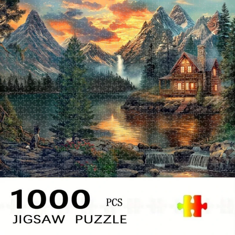 quebra-cabeca-de-1000-pecas-cabana-a-beira-do-lago-sob-montanhas-nevadas-decoracao-para-casa-jogo-para-adultos-diversao-em-familia-quebra-cabecas-educativos