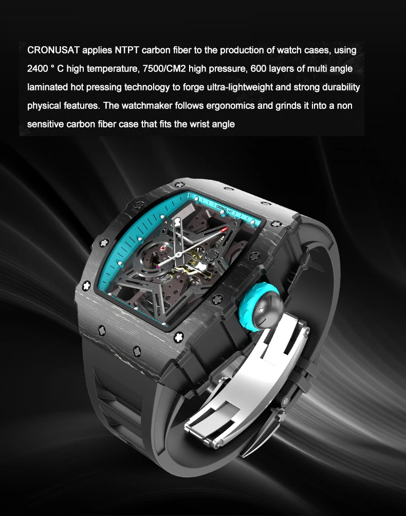 CRONUSART Men Automatic Watch Tonneau Carbon Fibre Case Mechanical Wristwatch Luminous Fluororubber Strap Skeleton Dial