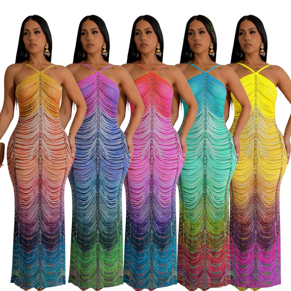American European New Fashion Women's Gradient Color Printed Slim Hanging Neck Strapless Ankle Length Diamond Studded Dresses