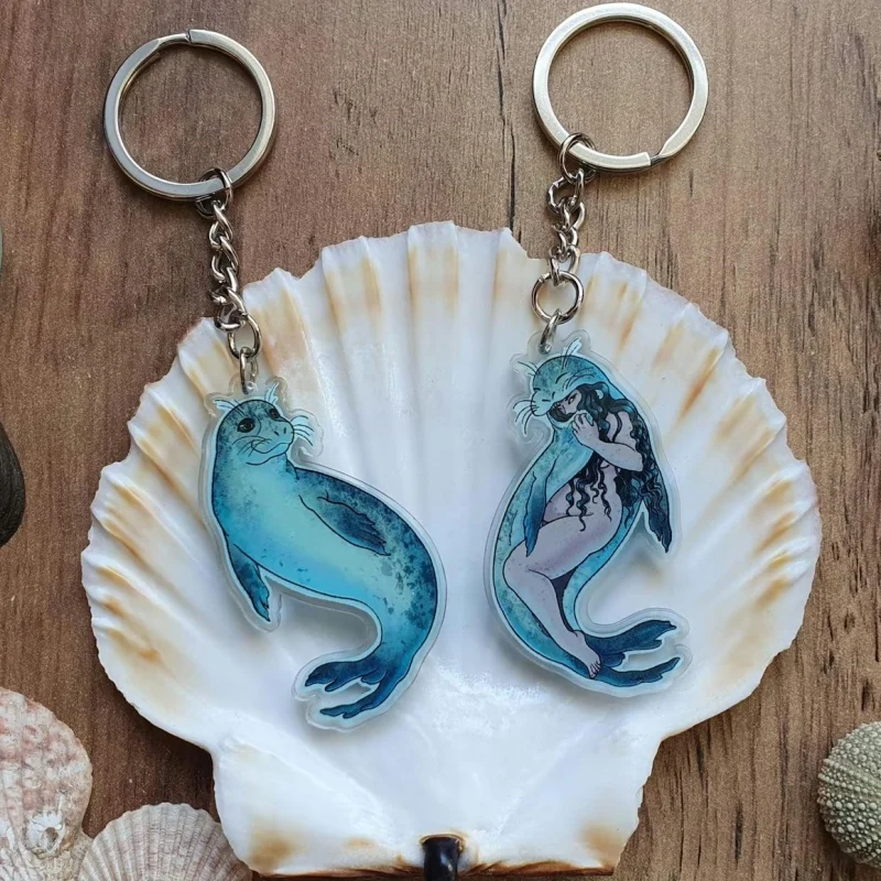 Celtic Mythology Seal and Selkie Acrylic Keychain, Irish Scottish Folklore Sea Spirit Cartoon Backpack Keyring Pendant