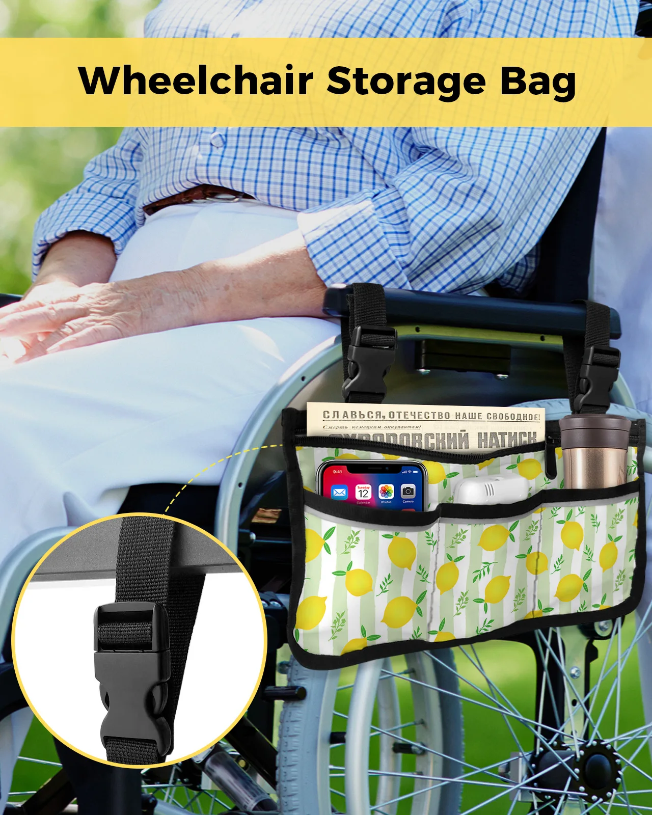 Yellow Lemon Green Leaves Stripes Wheelchair Bag With Pockets Armrest Side Bags Electric Scooter Walking Frame Storage Pouch