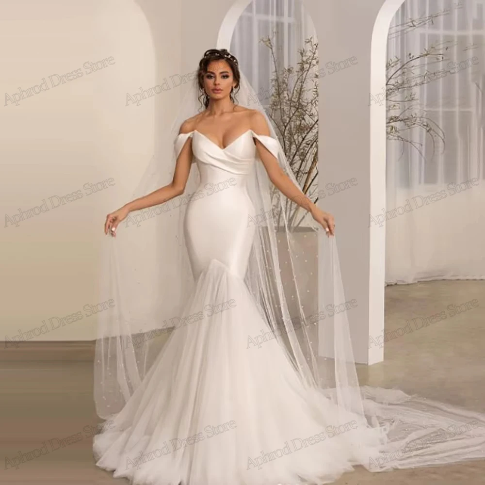 シンプルなウェディングドレス モダンなブライダルガウン エレガントなサテンローブ オフショルダー マーメイド 魅力的な Vestidos De Novia カスタマイズ
