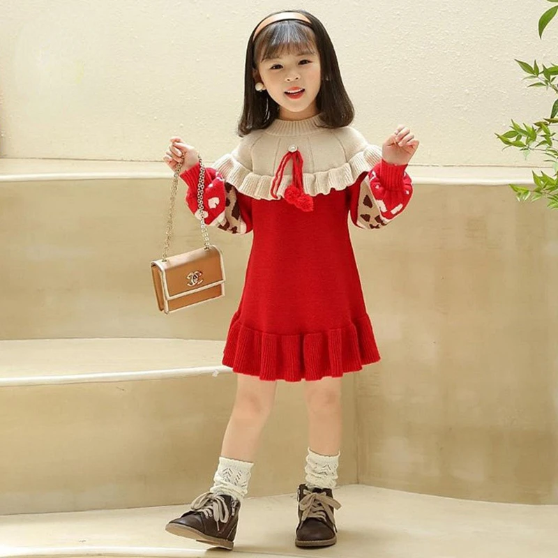 

Winter Baby Girl Lotus Sweater Dress New Autumn Toddler Girl Christmas Knitted Sweater Cute Neckline Dresses Kids Clothing 1-13Y