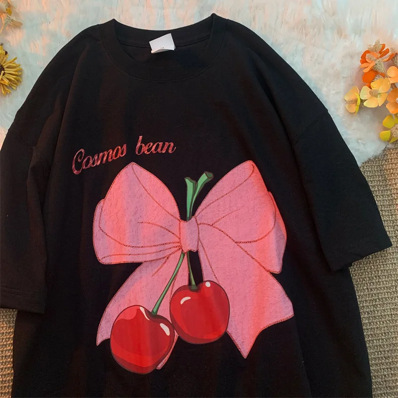 Retro Bow Short-sleeved T-shirt Female Loose Cartoon Sweet Cool Summer New Female Harajuku Half-sleeved Top Clothes Summer