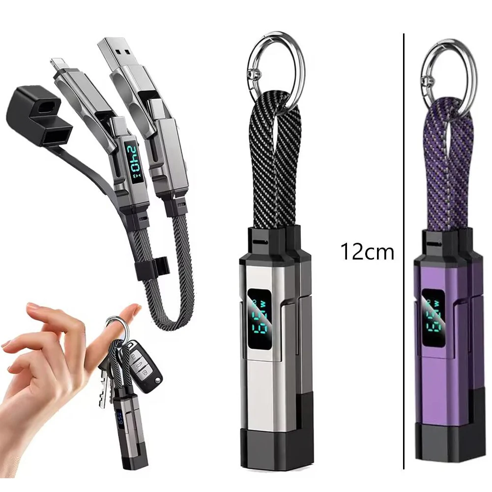 -4 in 1 Charging Cable Combo Keychain Type C/USB A/L Port 240W Fast Charging Short Cable with V/A/W Display for iPhone/iPad**