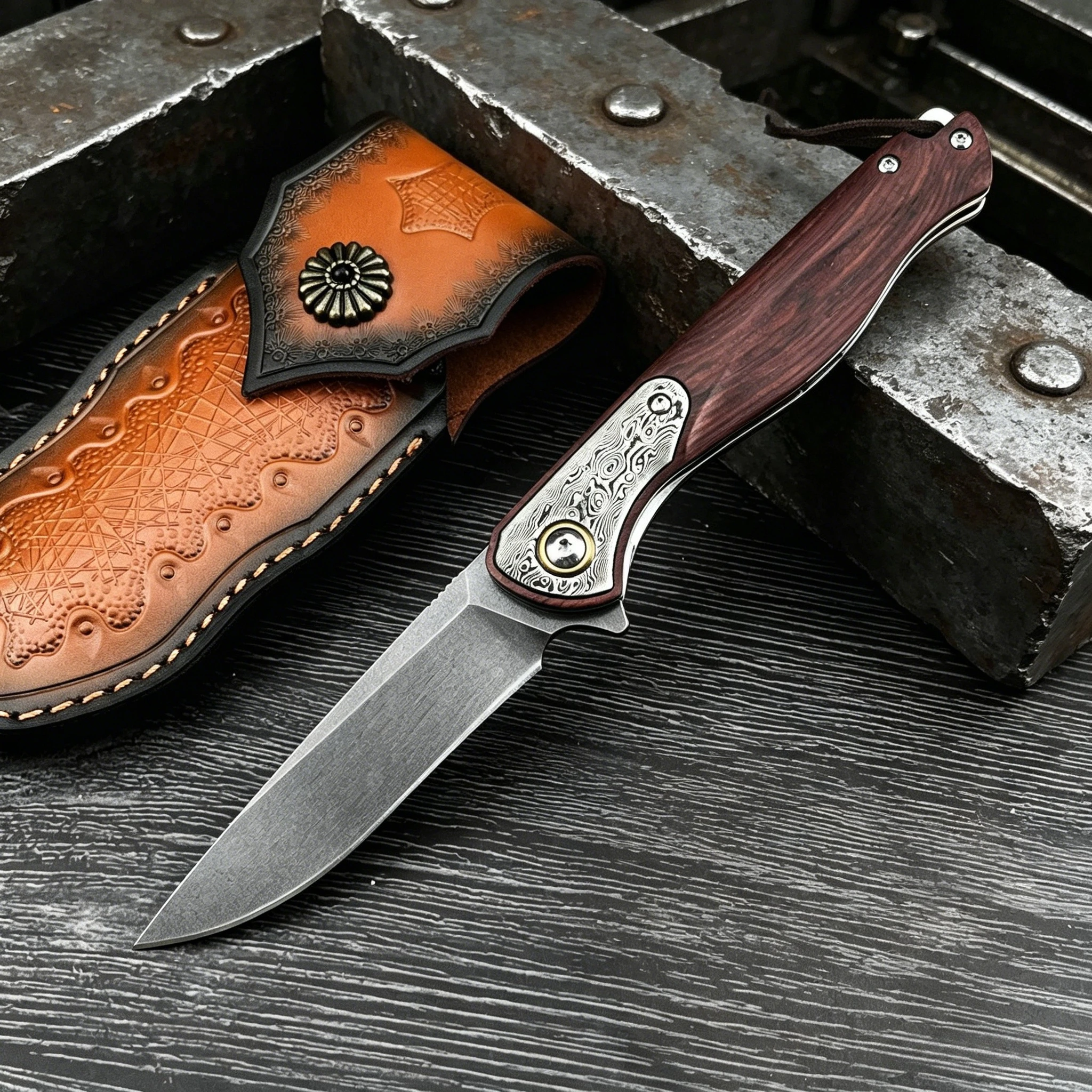 

Luxury Folding Knife – D2 Steel, Red Sandalwood Inlaid Grip – Versatile EDC Tool & Camping Companion, Excellent Gift Choice
