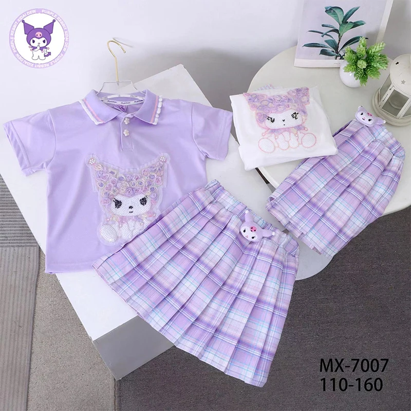 

2024 New Kuromi Girls Dress Set Sanrio Kawaii Anime Cinnamoroll My Melody Polo T-Shirts Girl Heart Sweet Cute Pleated Skirt Kids