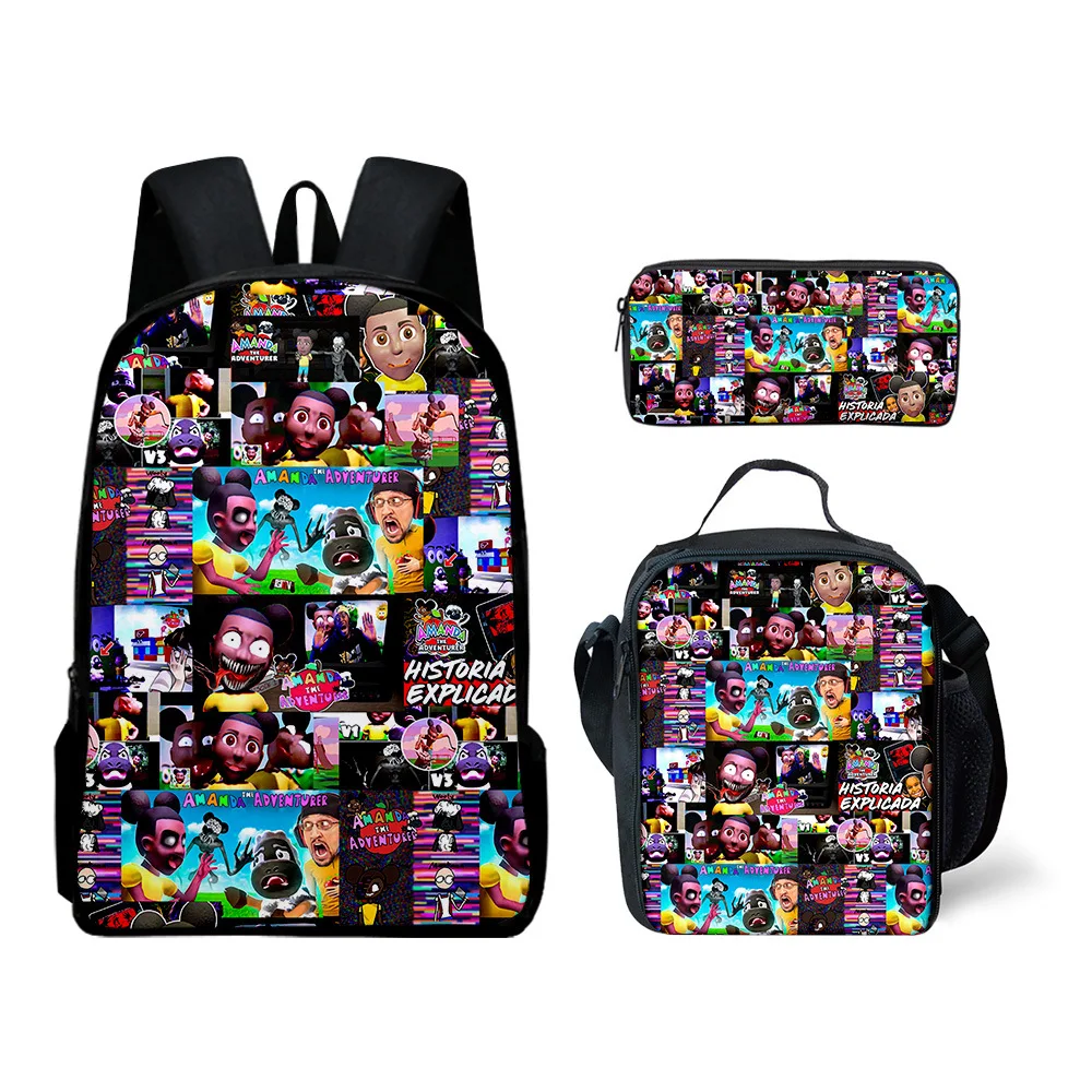 Luxury Youthful New Amanda the Adventurer 3D Print 3pcs/Set Student Travel bags Laptop Daypack Backpack Lunch Bag Pencil Case