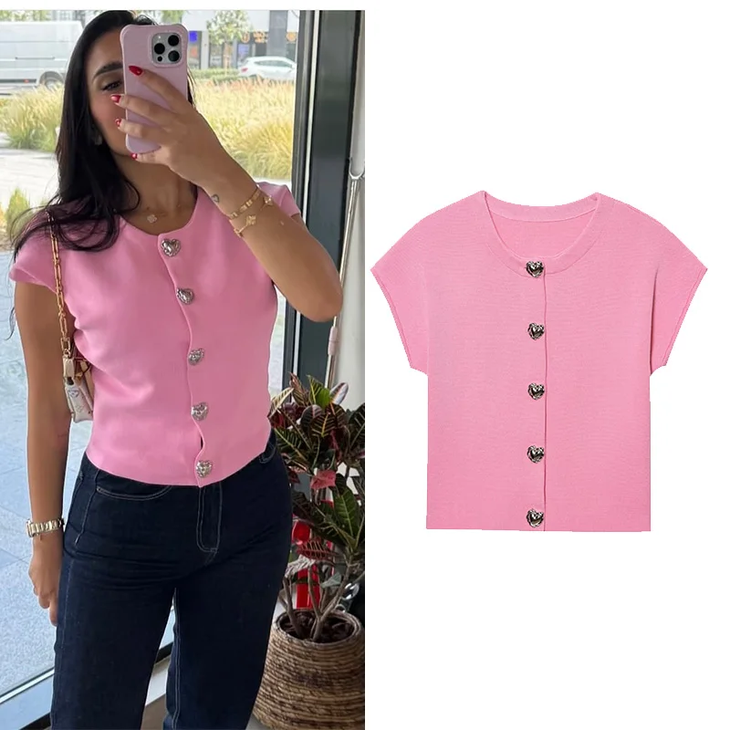 

HipSeam Women Heart Shaped Button Vest Top Autumn Casual Short Sleeve Knitted Women's Elastic Top O Neck Sweater Female Cardigan