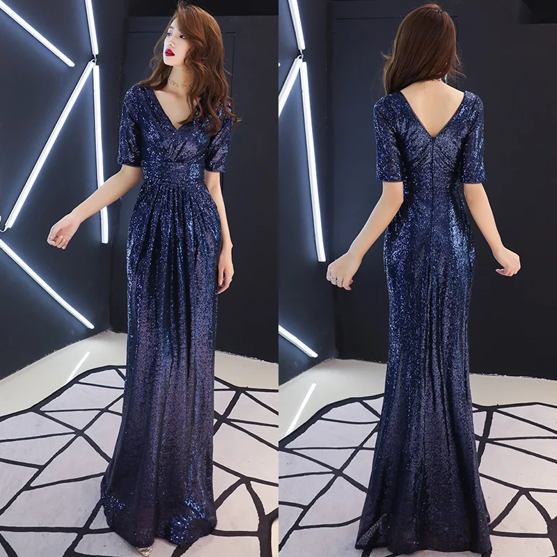 

It's Yiiya Blue Sequins A-Line Pleat Floor-Length Zipper Back Short Sleeves Elegant V-Neck Formal Dress Dress Woman Party A2847