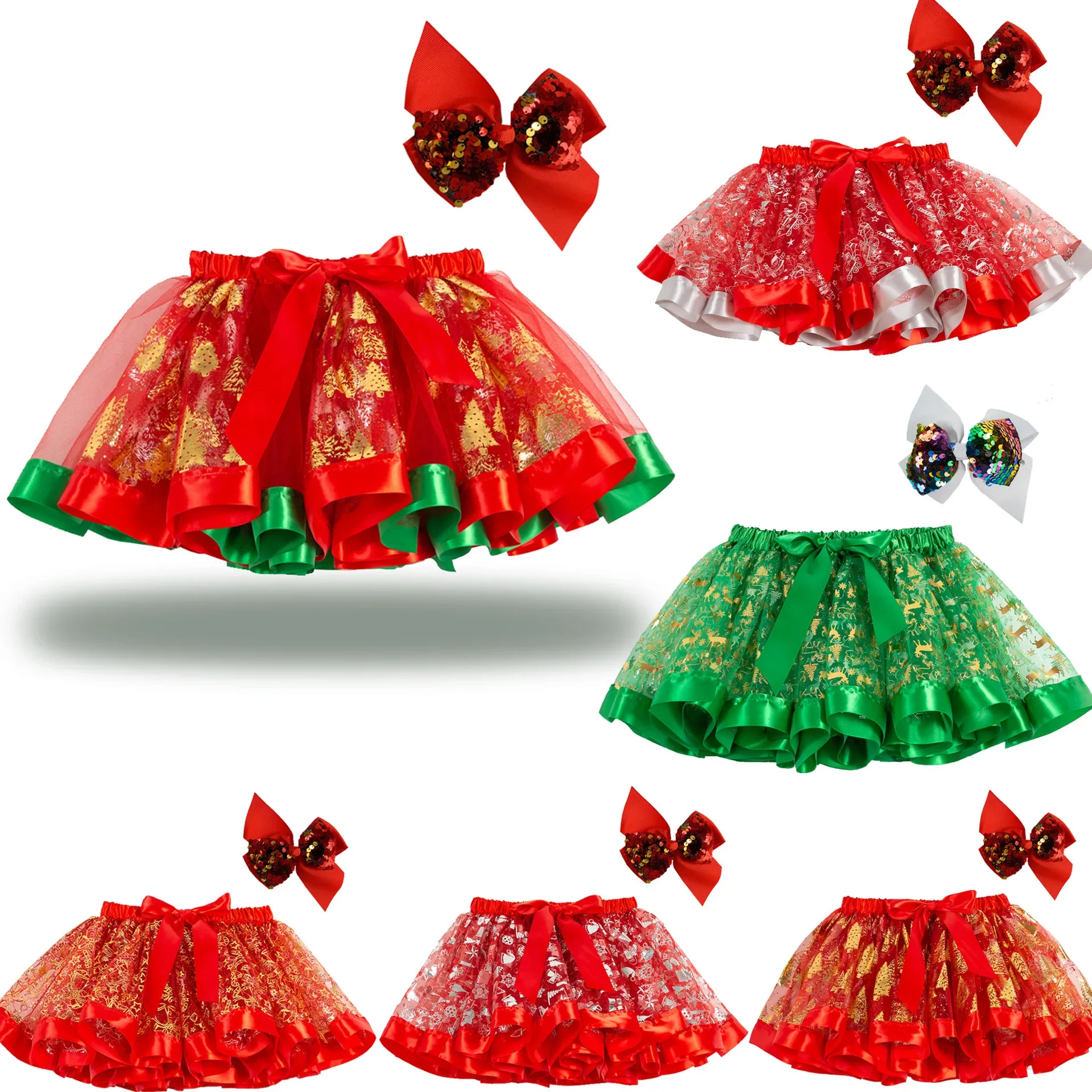 Girl Christmas Tutu Skirt Girls Clothes Pettiskirt Santa Kid Girls Tutu Party Dance Ballet Princess Lovely Skirt + Bow Hair Clip