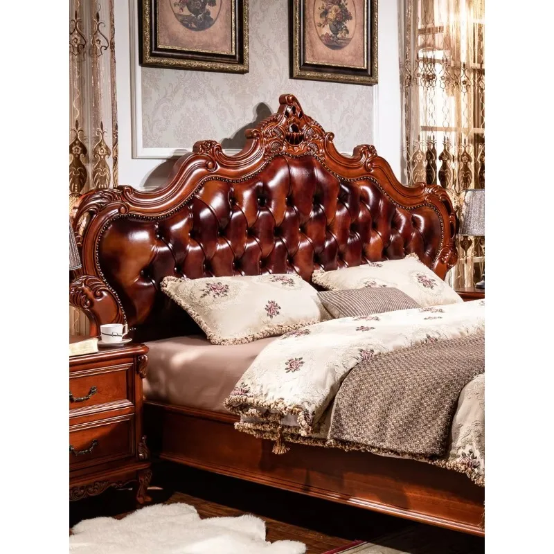 Luxurious European-style villa solid wood bed - Premium American-style carved leather king-sized bed 2.2m, suitable for the mast