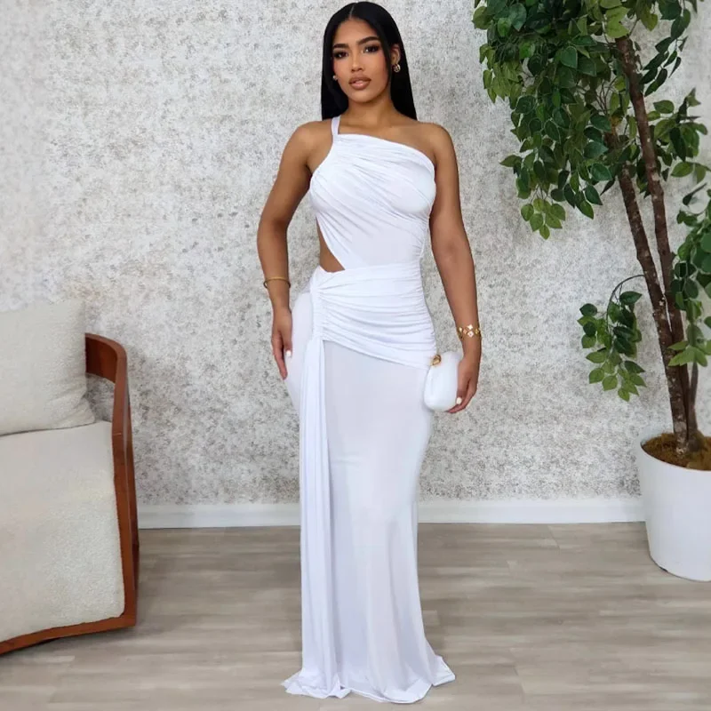 Elegant Ruched หนึ่งไหล่ Bodycon Maxi ชุดผู้หญิงวันเกิด Night Party ชุดราตรีคนดังอย่างเป็นทางการชุดยาวริบบิ้น