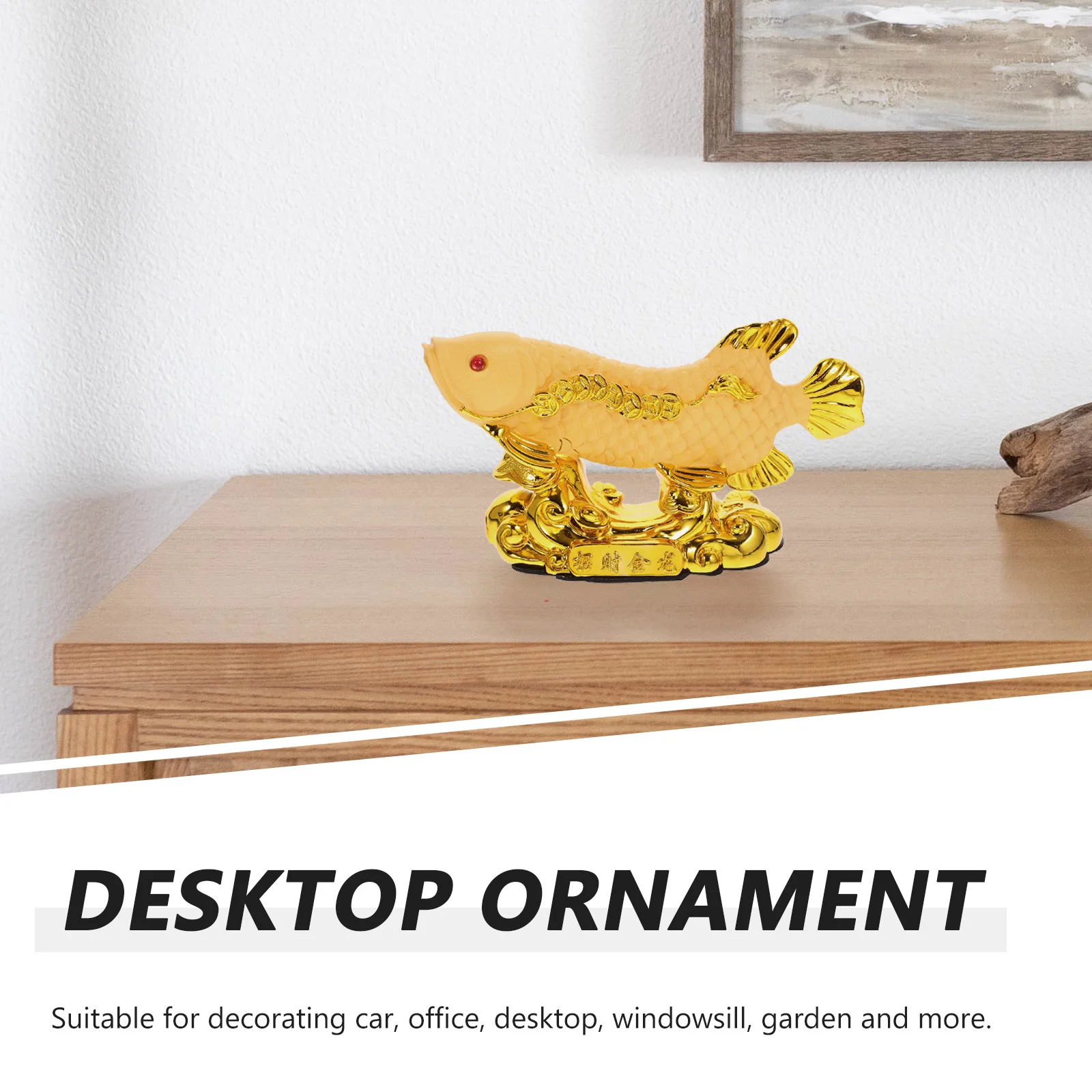 

Golden Resin Fish Statue Fengshui Car Ornament Home Decor Desktop Garden Toy Compact Stable Practical Long