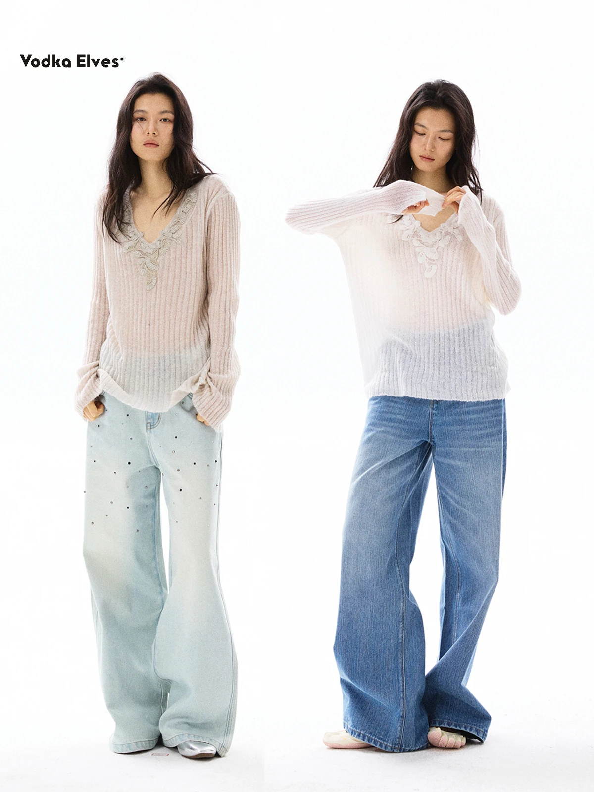 

Long Sve V-Ne Lace Trim Vodka Elves Camere Sweater Casual Loose Fit Online Exclusive Acrylic Nylon Wool Blend Thin Stripe