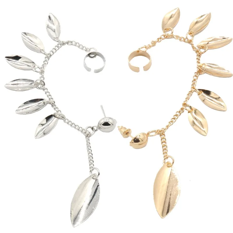 1 Pc Women Trendy Leaf Tassel Chain Ear Cuff Gothic Punk Clip Earrings Metallic Bright Surface Super Flash Earrings For Women