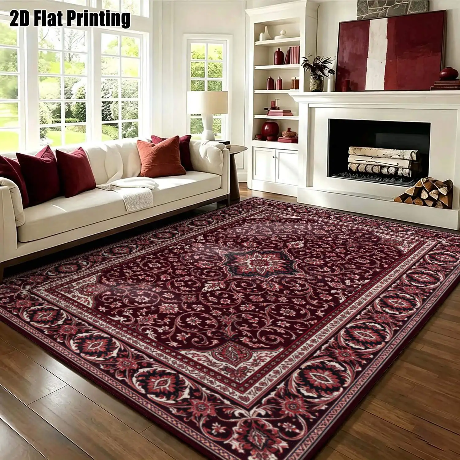 1Pc 2D Printed Burgundy Retro Patterned Carpet: European-Style, Bohemian, Geometric, Home Decor Rug, Multi-Size, Machine Washable, Suitable for Entrance, Dining Room, Foyer, Bedroom, Living Room