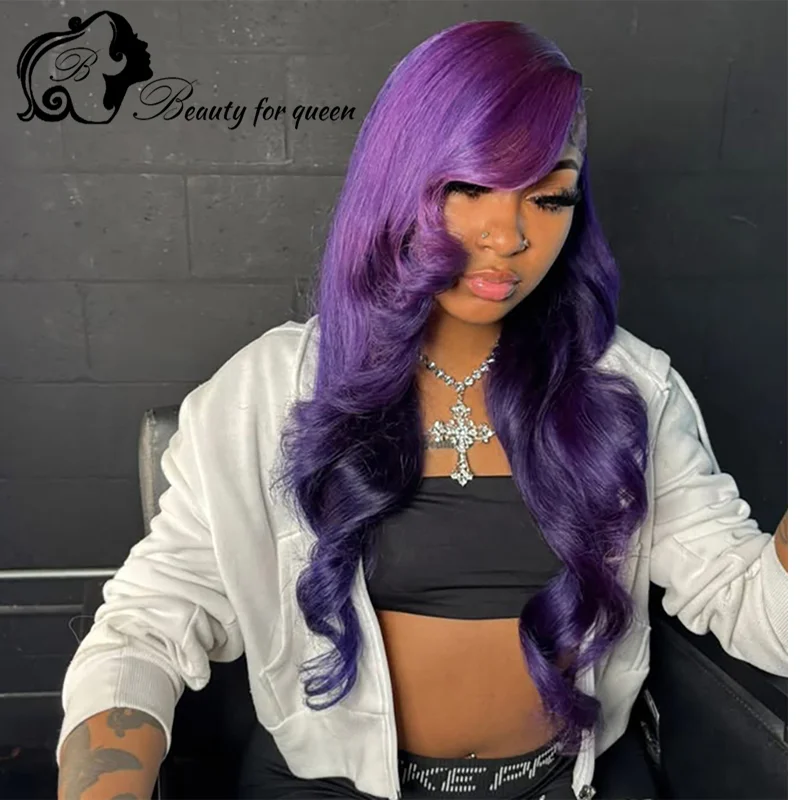Purple Long Wavy Wig 13x4 Human Hair Wig Brazilian Colored Lace Wigs Cosplay 180% Density Lace Frontal Wigs Extensions For Women