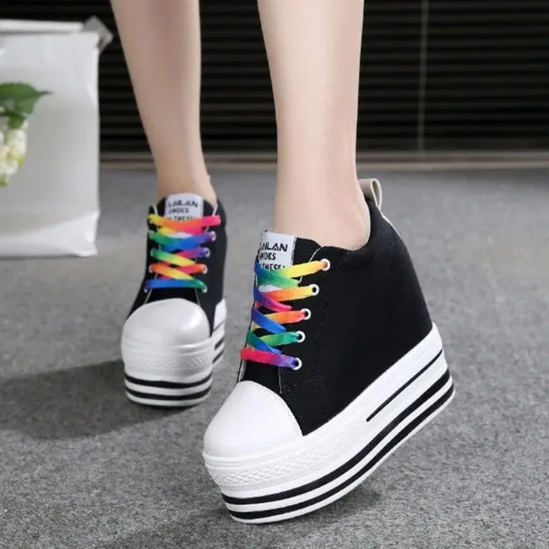 2023 New 12CM Heels Wedge Canvas Shoes Woman High Platform Sneakers Vulcanized Shoes Hidden Heel Height Increasing Casual Shoes