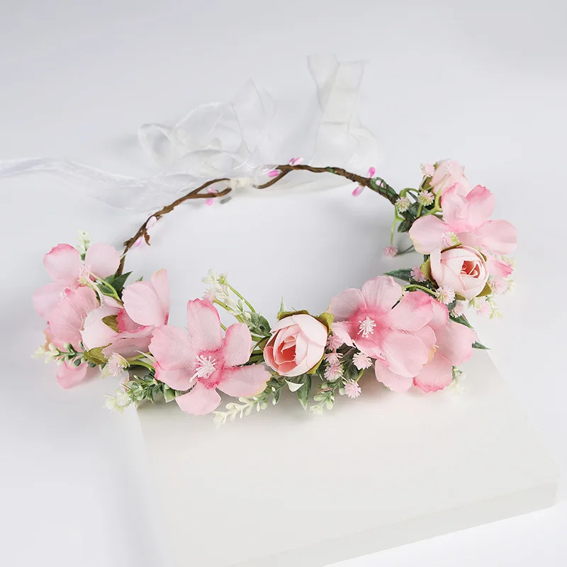 인공 꽃 땋은 화환 신부 여성 꽃 크라운 헤어 밴드 웨딩 꽃 머리띠 화환 리본 소녀 헤어 액세서리